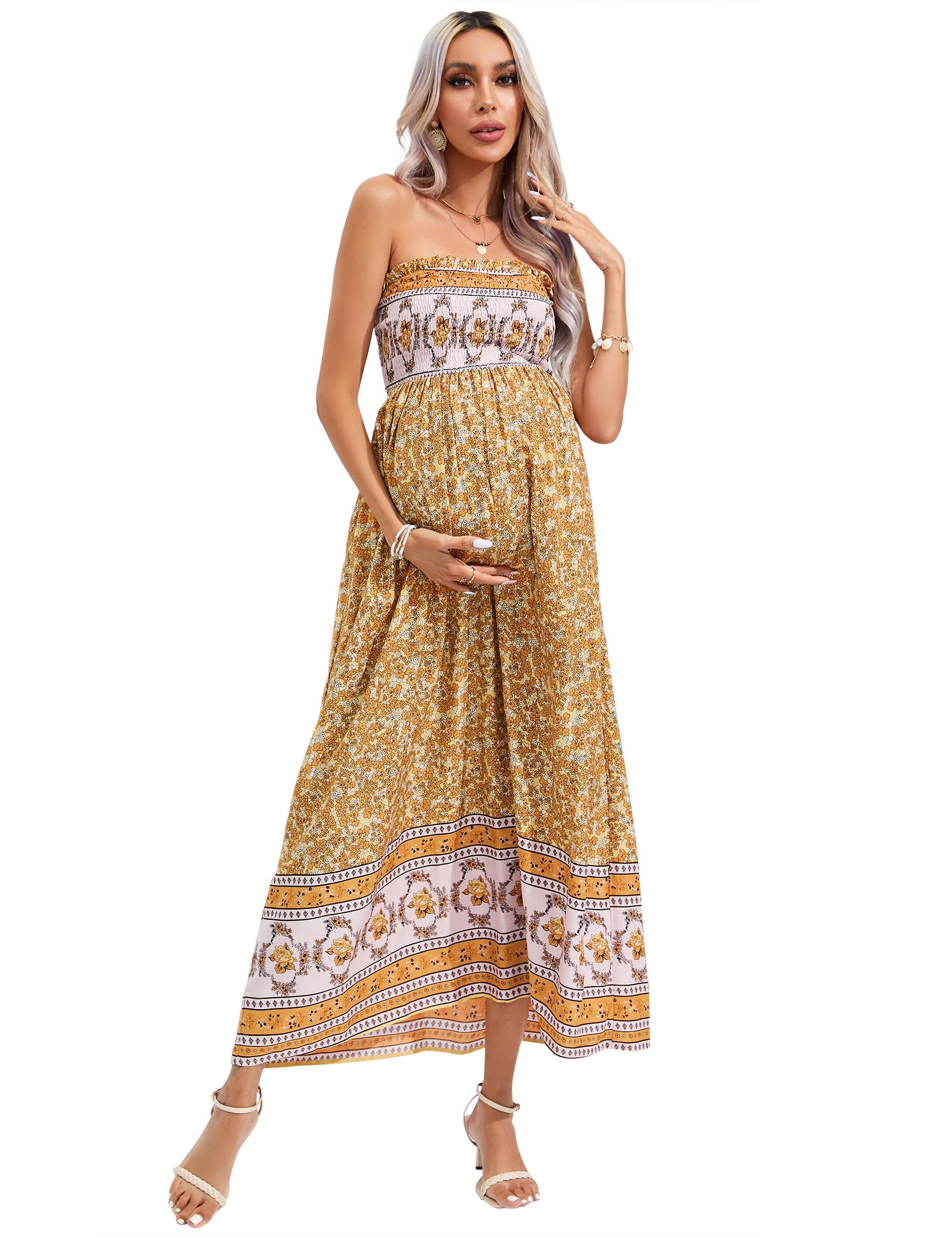 OYang Women's Maternity Dresses Boho Strapless Summer Casual Floral ...