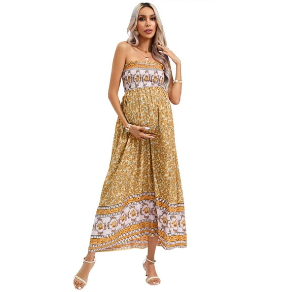 OYang Women's Maternity Dresses Boho Strapless Summer Casual Floral Maxi Dress Yellow-M