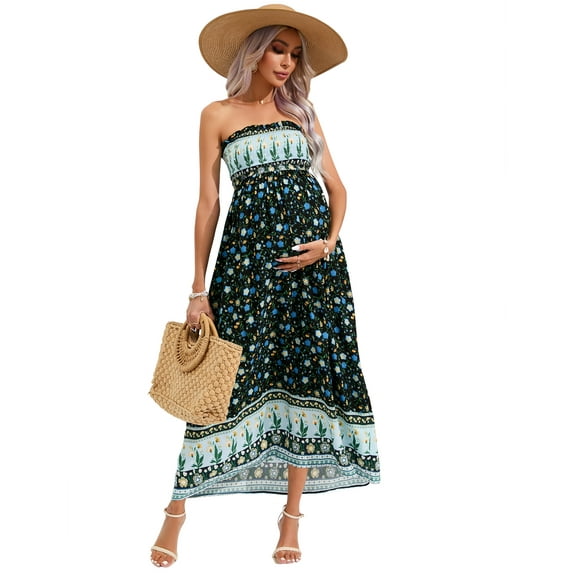 OYang Women's Maternity Dresses Boho Strapless Summer Casual Floral MaxiDress Blue$Black-M