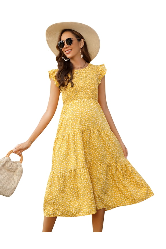 Women's Maternity Short Sleeve Dress Smocked Crew Neck Casual Tiered Midi Dress Baby Shower Photoshoot Yellow L