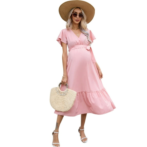 OYang Women's Maternity Short Sleeve Wrap, V Neck Summer Boho Dress A-Line Babydoll Dress Flowy Swing Dress