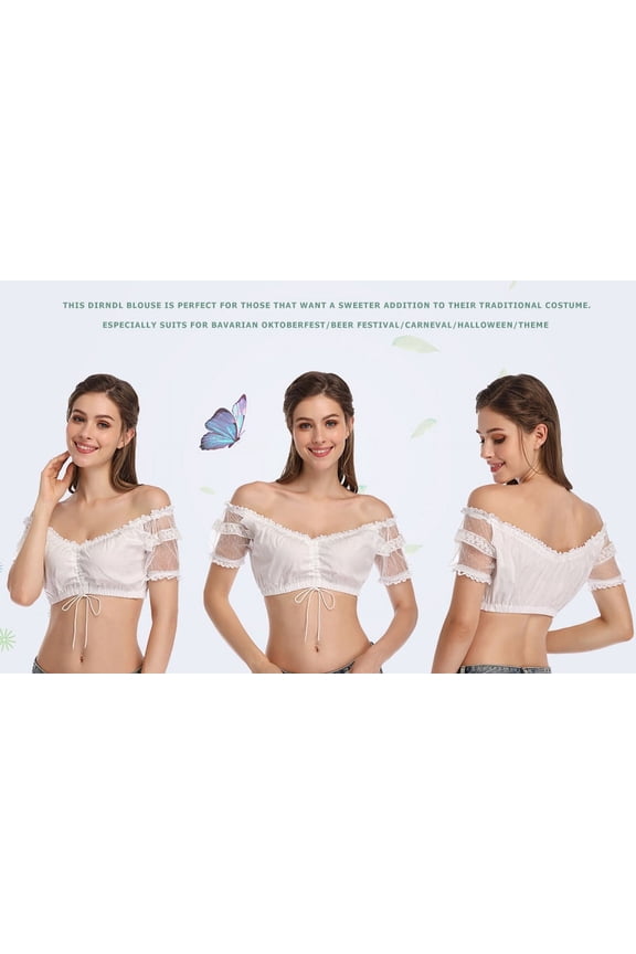 Women's One Line Collar Short Sleeve Lace Drawstring Shirt Bavarian Oktoberfest Costume Traditional Dirndl Blouse Beer Garden Crop Top L