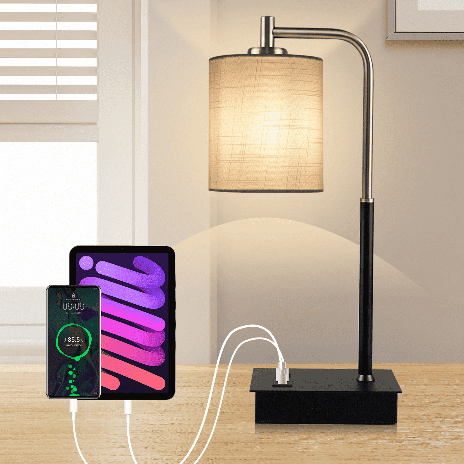 3-Way Dimmable Touch Control Table Lamp with USB A+C Port and Fabric Shade Bedside Lamp for Bedroom Living Room, Bulb Included