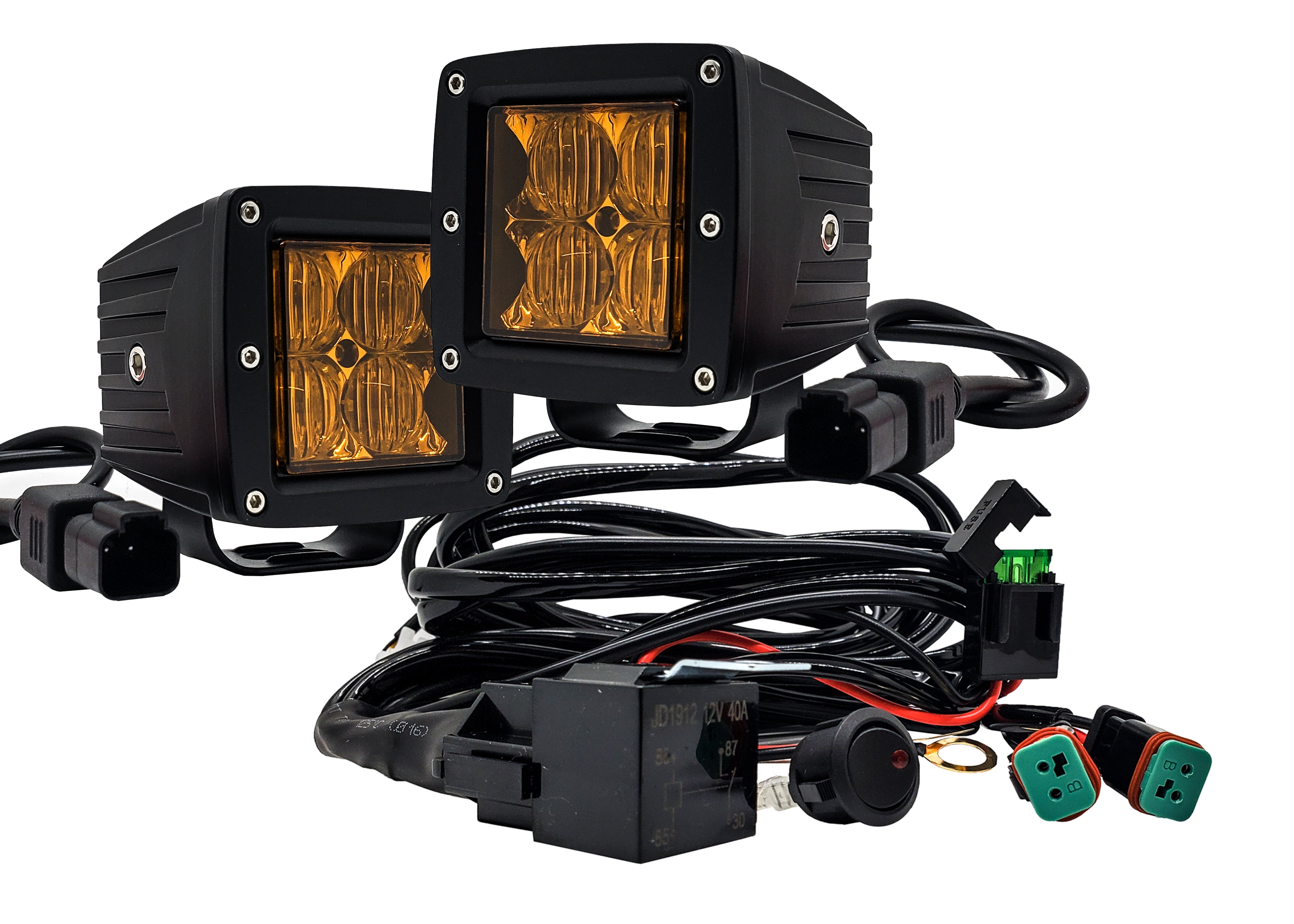 OZ-USA 4D Series 3" High Intensity Amber Pod LED Ditch Fog Lights Flood Beam Plug and Play Harness for Offroad Truck ATV X3 Can-Am UTV RZR