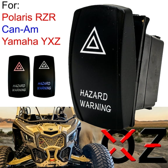 OZ-USA Hazard Lights On/Off Rocker Switch 4-Pin SPST Laser Etch Blue & Red LED Backlit Compatible with Polaris RZR Can-Am X3 Yamaha YXZ