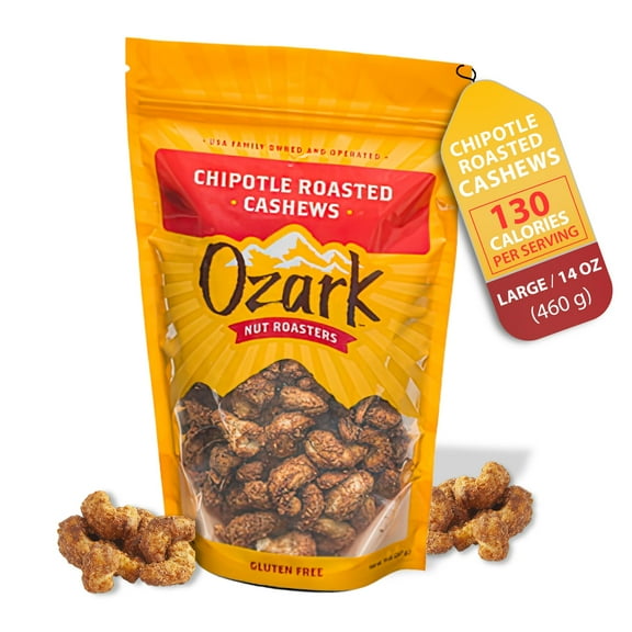 OZARK NUT ROASTERS, Chipotle XEF1Roasted Cashews w/Spicy Kick, Flavored Snack Nuts, World-Class Gourmet Candied Peanuts, Resealable Pack (14.0 oz)
