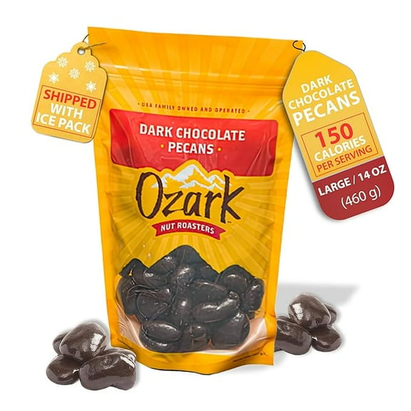 OZARK NUT ROASTERS, Dark Chocolate Pecans, Velvety Dark Chocolate Flavored Snacks, World-Class Gourmet Candied Nuts, Resealable Pack (14.0 oz)