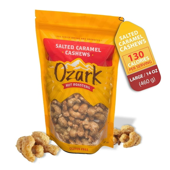 OZARK NUT ROASTERS: Salted Caramel Cashews, Flavored Snack Nuts & Gourmet Candied Peanuts, Blend of Sugar, Sea Salt & Caramel, Pack of 1 (14 oz)