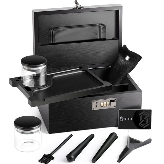 OZCHIN Large Bamboo Box with Combination Lock Decorative box for Home Great Gift Choice Storage Lockbox with Storage Jar, Tray, Resealable Bags and More