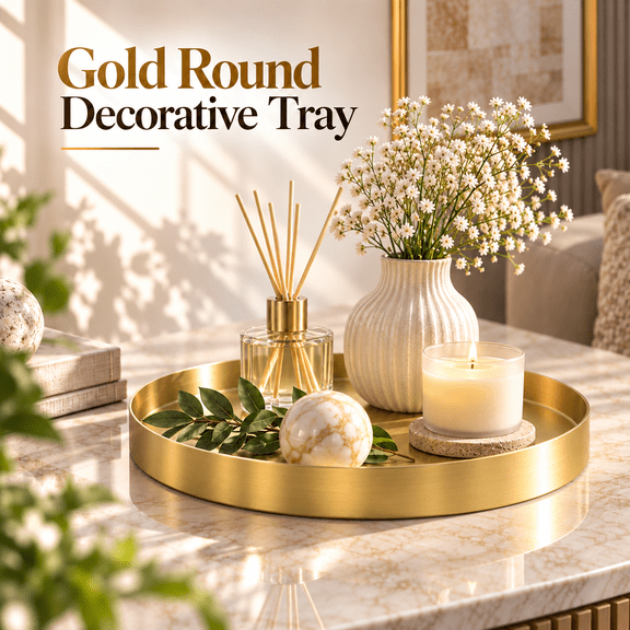 OZERA 12 Inch Golden Round Stainless Steel Serving Platter Tray, Decorative Vanity Tray for Home Centerpiece Decor