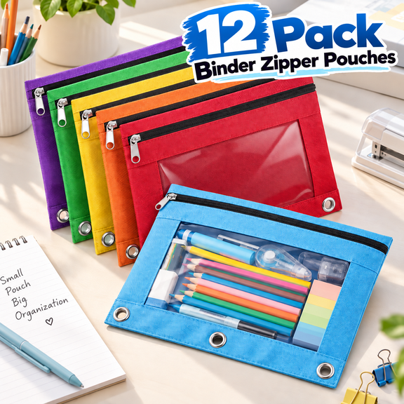 OZERA 12 Pack 3 Ring Binder Pencil Pouches, Clear Top Smooth Zipper Pencil Bags with 3 Reinforced Grommets, Multi-Color Binder Pencil Cases