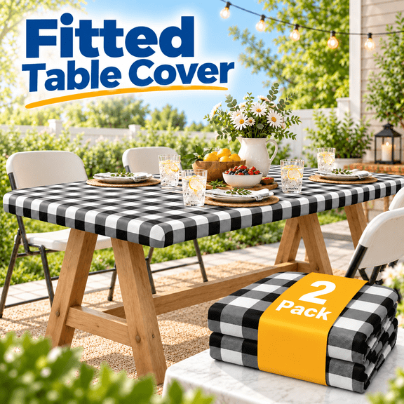 OZERA 2 Pack 6‑Foot Elastic Fitted Polyester Picnic Tablecloth, Waterproof Washable Buffalo Plaid Rectangle Table Cover, Black & White, 30"x 72"