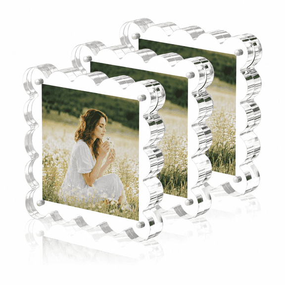 OZERA 3 Pack 4x4 Scalloped Picture Frames, Acrylic Square Desktop Holders, DoubleSided Magnetic Frames 10+10mm Thick for Birthday Wedding Anniversary, Home & Office Decor