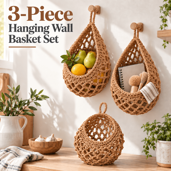 OZERA 3 Pack Boho Hanging Wall Baskets with Hooks, Cotton Rope Crochet Teardrop Storage Baskets for Fruit Onion Potato Vegetable, 3 Sizes, Light Linen