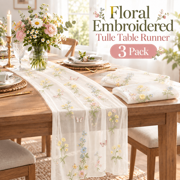 OZERA 3 Pcs White Wildflower Table Runner 10ft Embroidery Tulle Spring Floral Table Runner Seasonal Summer Butterfly Kitchen Dining Gauze Decoration for Wedding Birthday Party