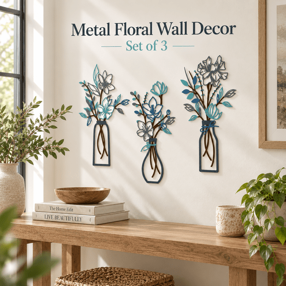 OZERA 3 Pieces Blue Metal Flower Wall Arts, Rustic Farmhouse Minimalist Wall Decor, Ornaments for Living Room Bathroom Kitchen Bedroom Dining Room, Housewarming Gift
