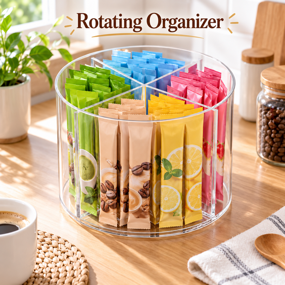 OZERA Clear Rotating Divided Drink Packet Organizer, Lazy Susan Turntable Storage Holder for Powdered Drink Mix Packets