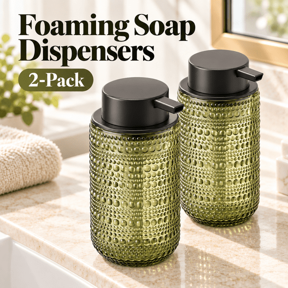 OZERA Green Glass Foaming Soap Dispenser, 2 Pack 14 OZ Hobnail Texture Refillable Foam Dispenser with Black Pump for Bathroom, Kitchen, Farmhouse Decor