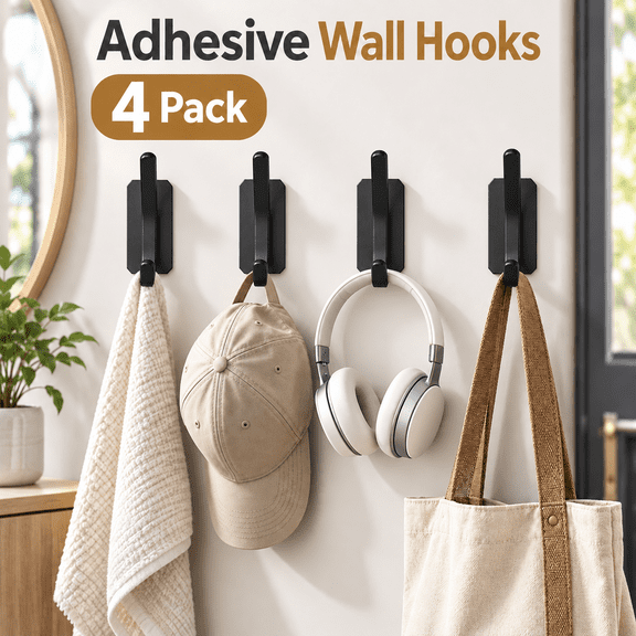 OZERA Heavy‑Duty Adhesive Wall Hooks 4 Pack, 30 lb Max Load Waterproof No Drill Damage‑Free Hooks for Towels Coats Bags, Matte Black