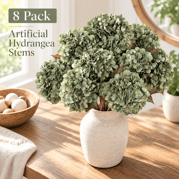OZERA Hydrangea Artificial Flowers, 8Pcs Green Fake Silk Hydrangea Heads Bouquet with Stems, Faux Floral Plants for Table Center, Indoor Outdoor Fall Decoration