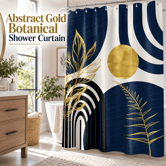 OZERA Navy Blue and Gold Shower Curtain 72x72 in, Mid Century Modern Abstract Pattern, Dark Blue White Boho MCM Bathroom Decor, Waterproof Polyester Fabric with Hooks