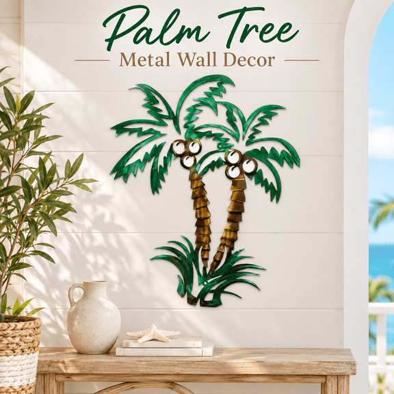 OZERA Palm Tree Metal Wall Decor Art, Coastal Tropical Hanging Sculpture, Indoor Outdoor Decor for Patio Porch Garden, Boho Beach Contemporary Home Accent