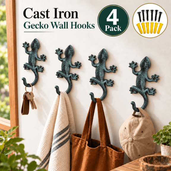OZERA Set of 4 Gecko Cast Iron Wall Hooks, HeavyDuty Lizard Coat Towel Holder, Indoor Outdoor Decor Hook for Pool Towel, Key Storage