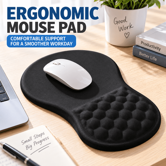 OZERAA Ergonomic Wrist Support Mouse Pad with Memory Foam Cushion & Massage Bump, Slope Design Wrist Rest Mousepad, Relieves Carpal Tunnel Pain, 11.8x7.9 in, Black