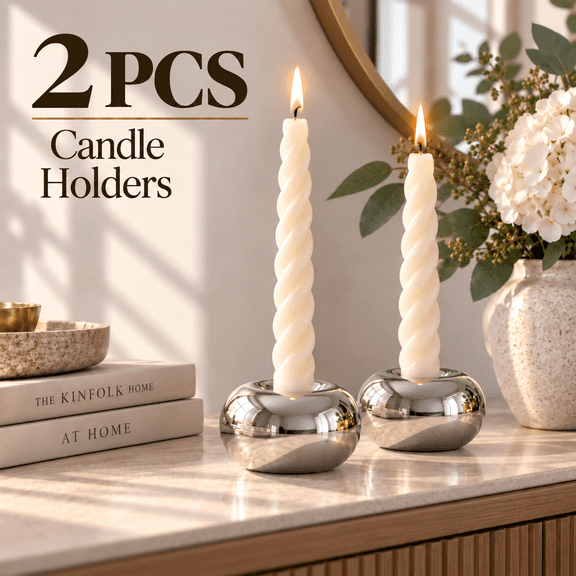 OZERAA 2-Pack Silver Candlestick Holders, Modern Donut Ceramic Taper Candle Holders for Table and Mantel Decor, 2.95 x 2.95 x 1.77 in