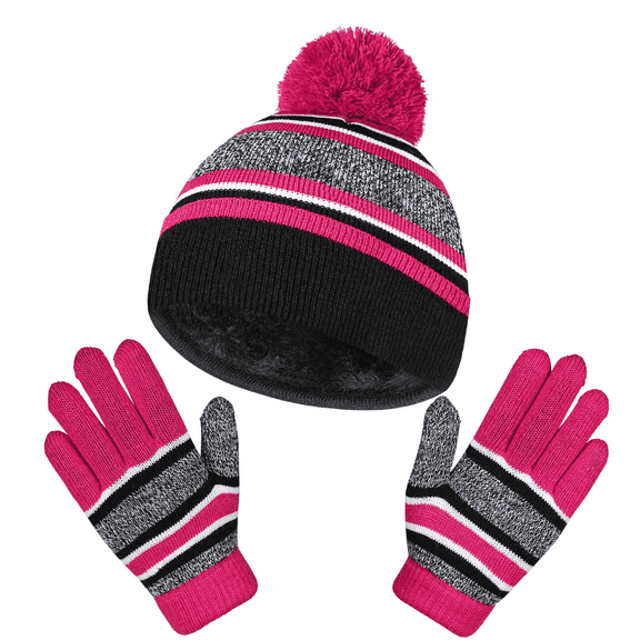 OZERO 2Pcs Kids Winter Knit Hat Gloves Set for 4-10 Year Boys and Girls
