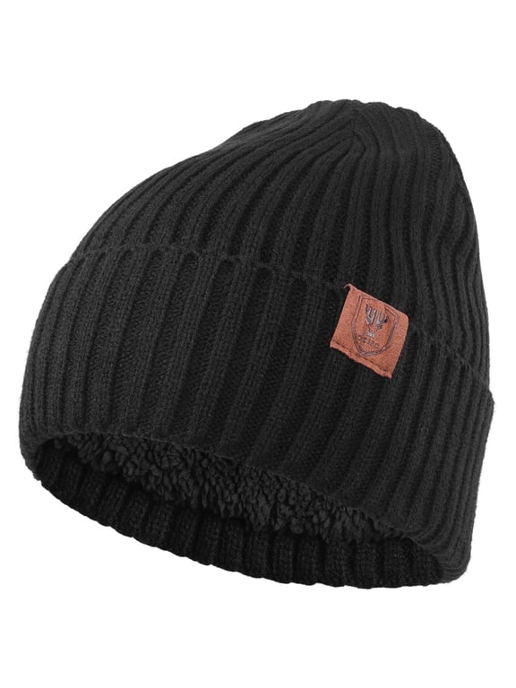 Knit Beanie Winter Hat Thermal Polar Fleece Ski Stocking Snow Skull Cap for Men and Women Black
