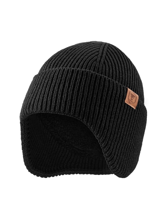 Winter Beanies Hats Men: Beanie with Ear Flaps Outdoor Thermal Knitted Hat - Warm Ski Stocking Polar Fleece Cuffed Cap