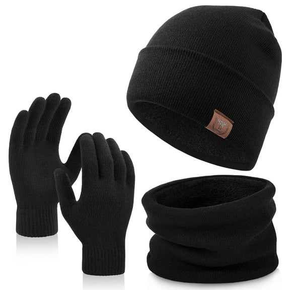 OZERO Winter Gloves Hat Scarf: Warm Knit Touchscreen Gloves and Polar Fleece Lined Beanie and Soft Neck Scarf