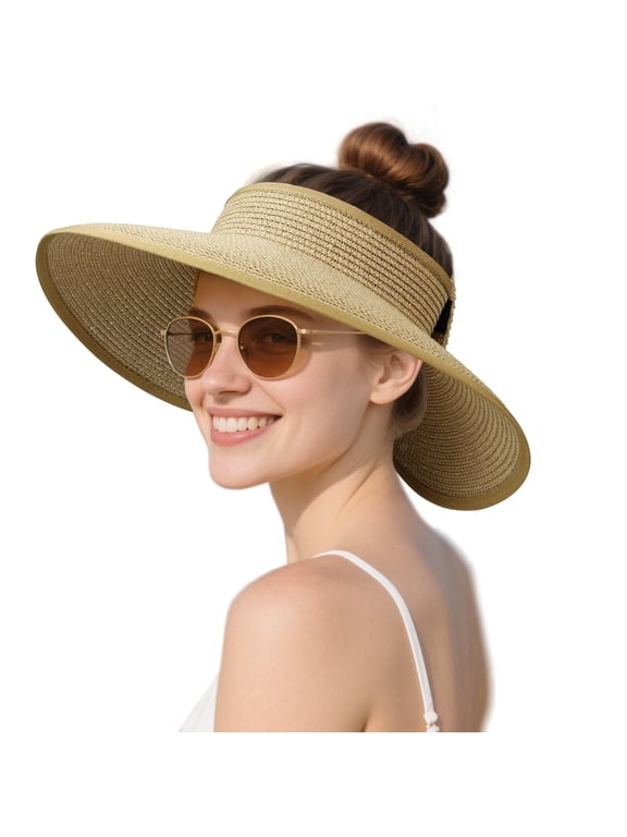 Women Sun Straw Visor Hat: Beach Hats Wide Brim Summer Ponytail Hat UV Protection Foldable Packable