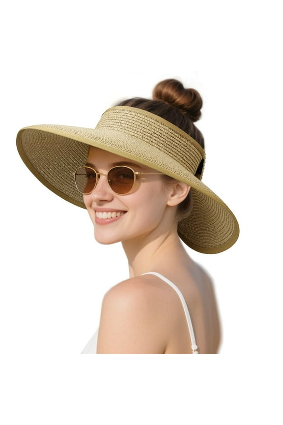 Women Sun Straw Visor Hat: Beach Hats Wide Brim Summer Ponytail Hat UV Protection Foldable Packable