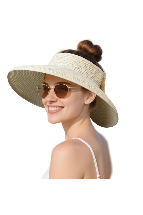 Women Sun Straw Visor Hat: Beach Hats Wide Brim Summer Ponytail Hat UV Protection Foldable Packable