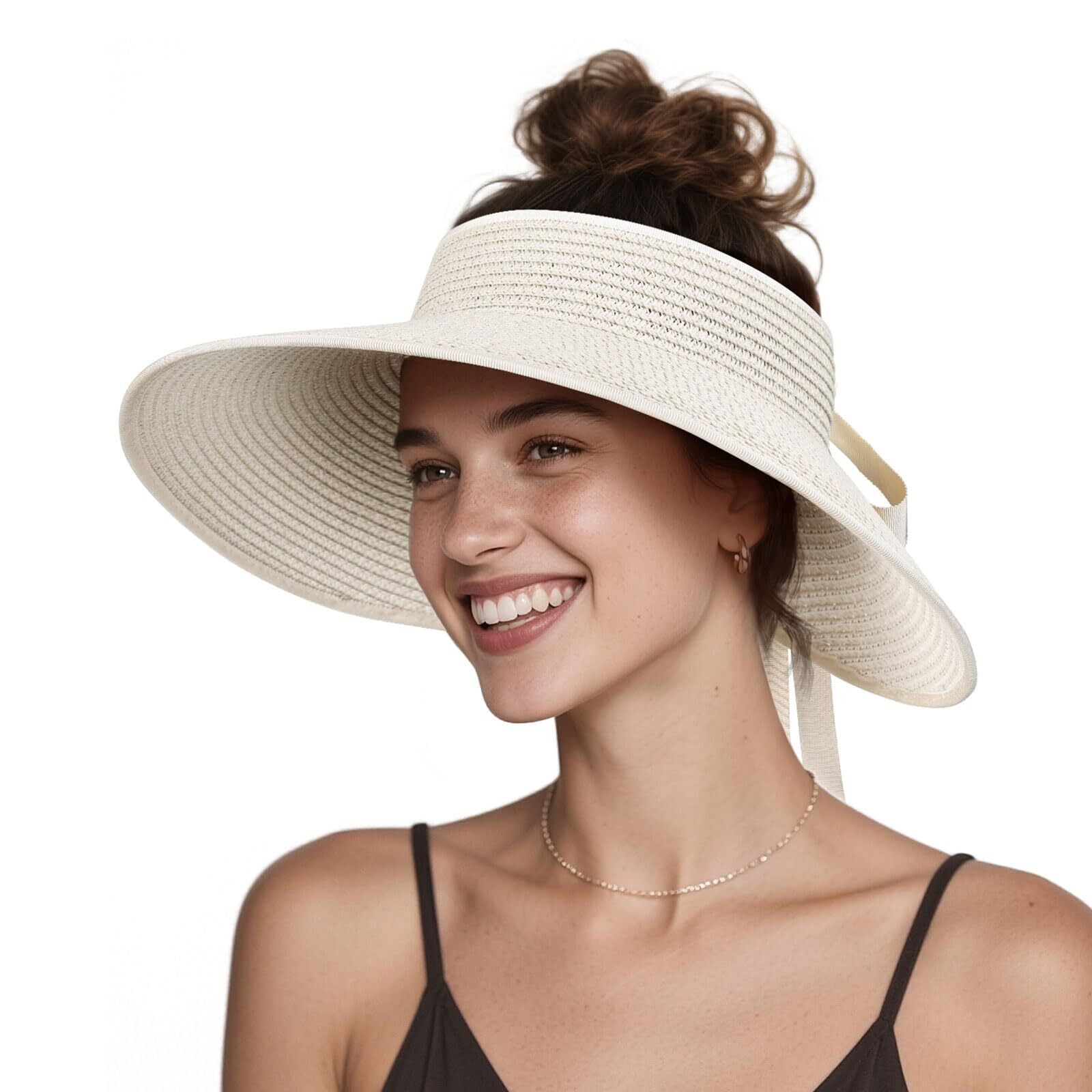 Wide Brim Straw Visor Hat - Packable Sun Protection for Beach Summer Women Straw Sun Hat Summer Wide Brim Beach Visor Hat  main image 2
