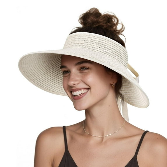 OZERO Women Sun Straw Visor Hat: Wide Brim Beach Hats Summer Ponytail Hat Foldable Packable UV Protection for Travel