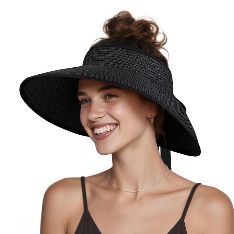 OZERO Women Sun Straw Visor Hat: Wide Brim Beach Hats Summer 