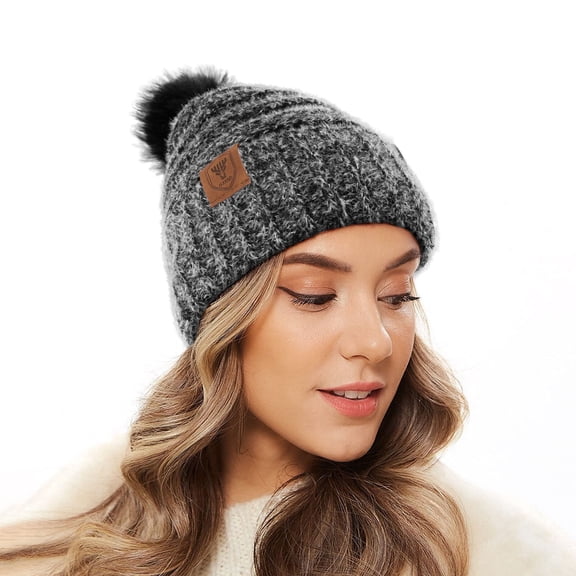 OZERO Women Winter Beanie Hat - Fleece Lined Knit Pom Pom Hat, Soft Stretchy Warm Ski Beanie for Cold Weather, One Size Fits Most(Black)