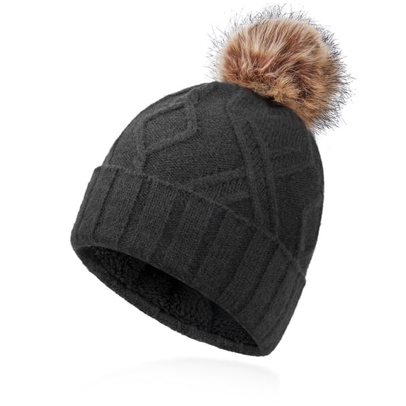 OZERO Womens Winter Knitted Beanie Hat with Faux Fur Pom Warm Thermal Thick Knit Beanies for Women Dark Gray