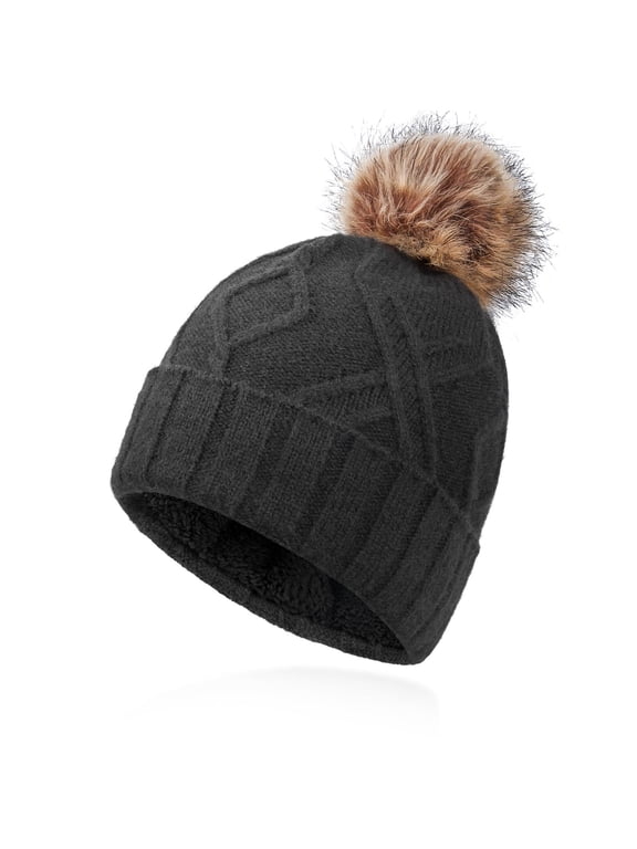 Womens Winter Knitted Beanie Hat with Faux Fur Pom Warm Thermal Thick Knit Beanies for Women Dark Gray