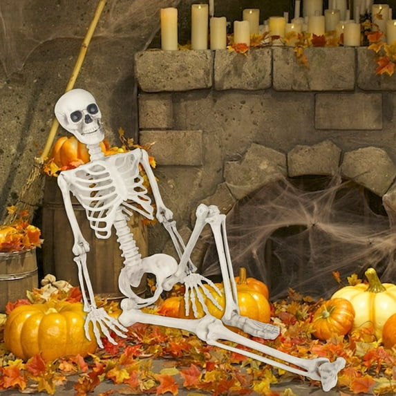 OZMI Halloween Skeleton Decoration for Haunted House, 38 Inch Full Body Plastic Skull Skeleton with Posable Joints for Halloween Party Haunted House Bar Graveyard Decorations Party