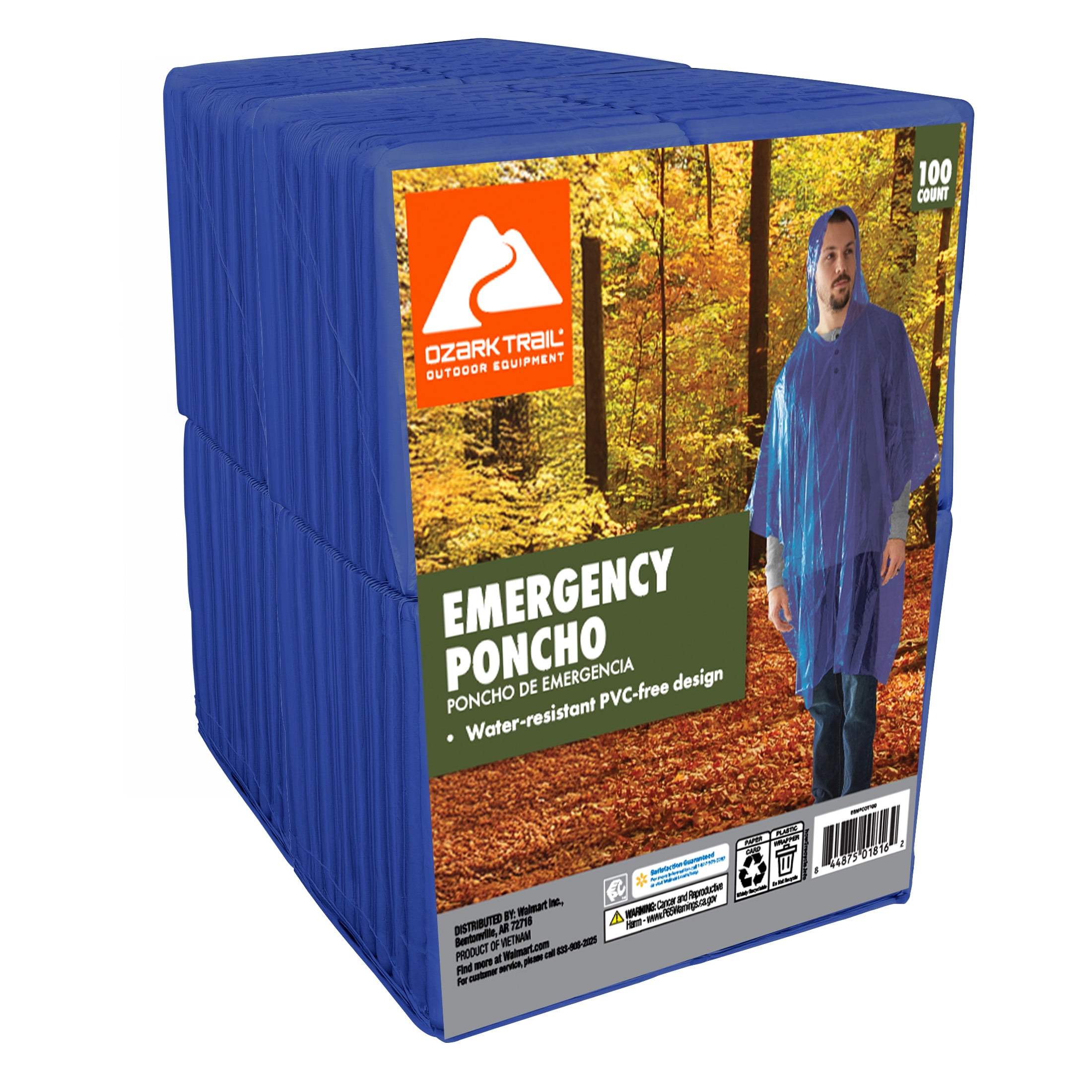 Ozark Trail Emergency Rain Ponchos, Blue, 100 Count