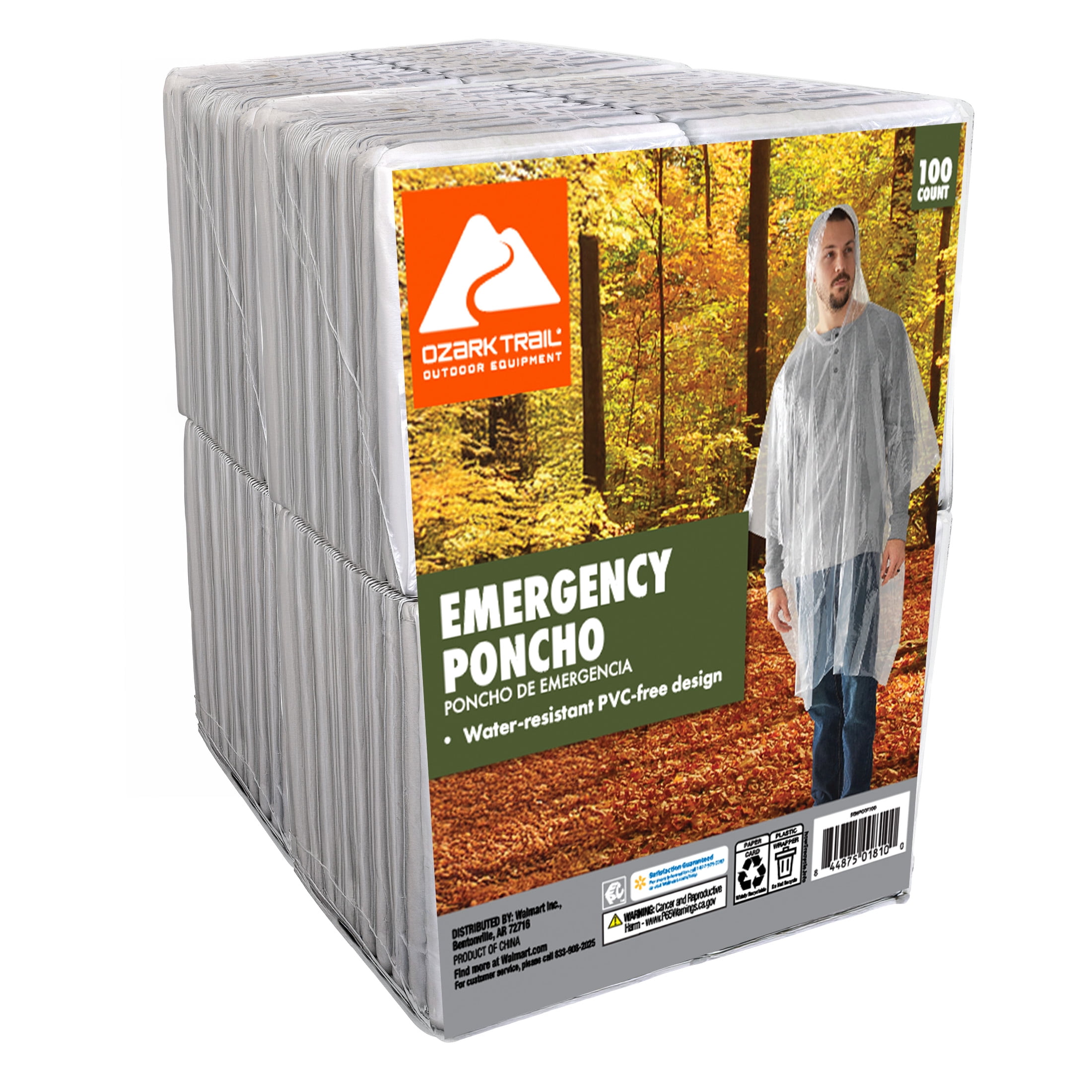 Ozark Trail Emergency Rain Ponchos, Clear, 100 Count