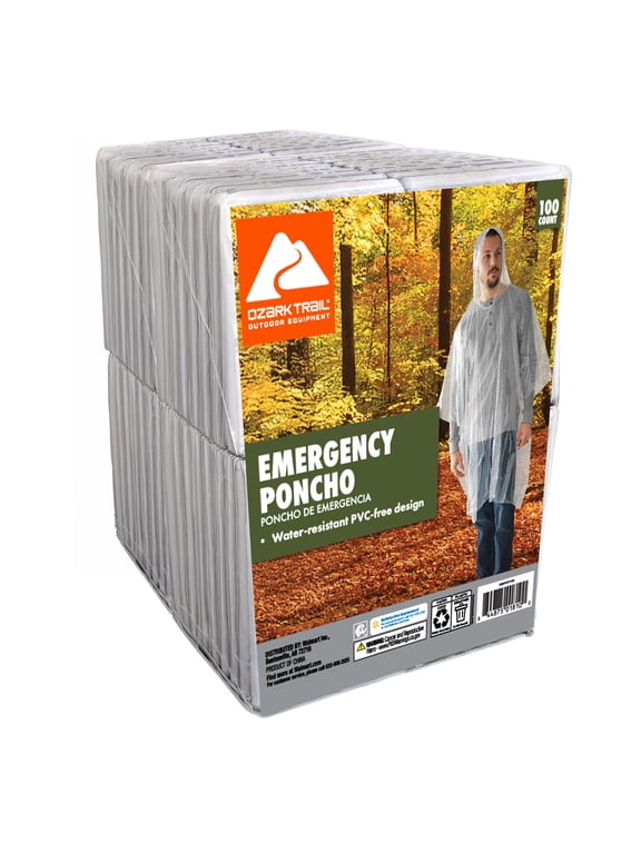 Emergency Rain Ponchos, Clear, 100 Count