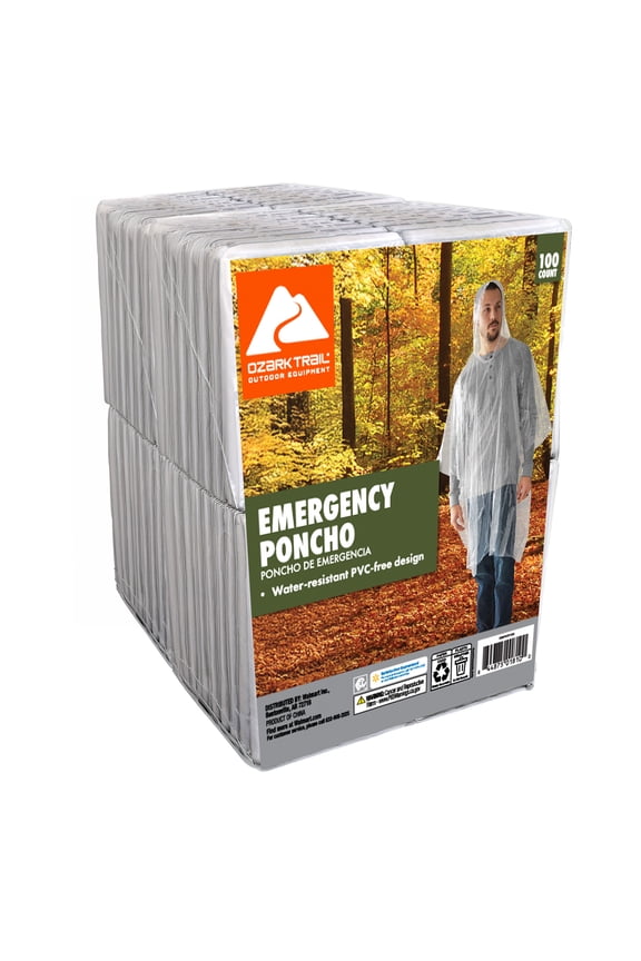 Emergency Rain Ponchos, Clear, 100 Count