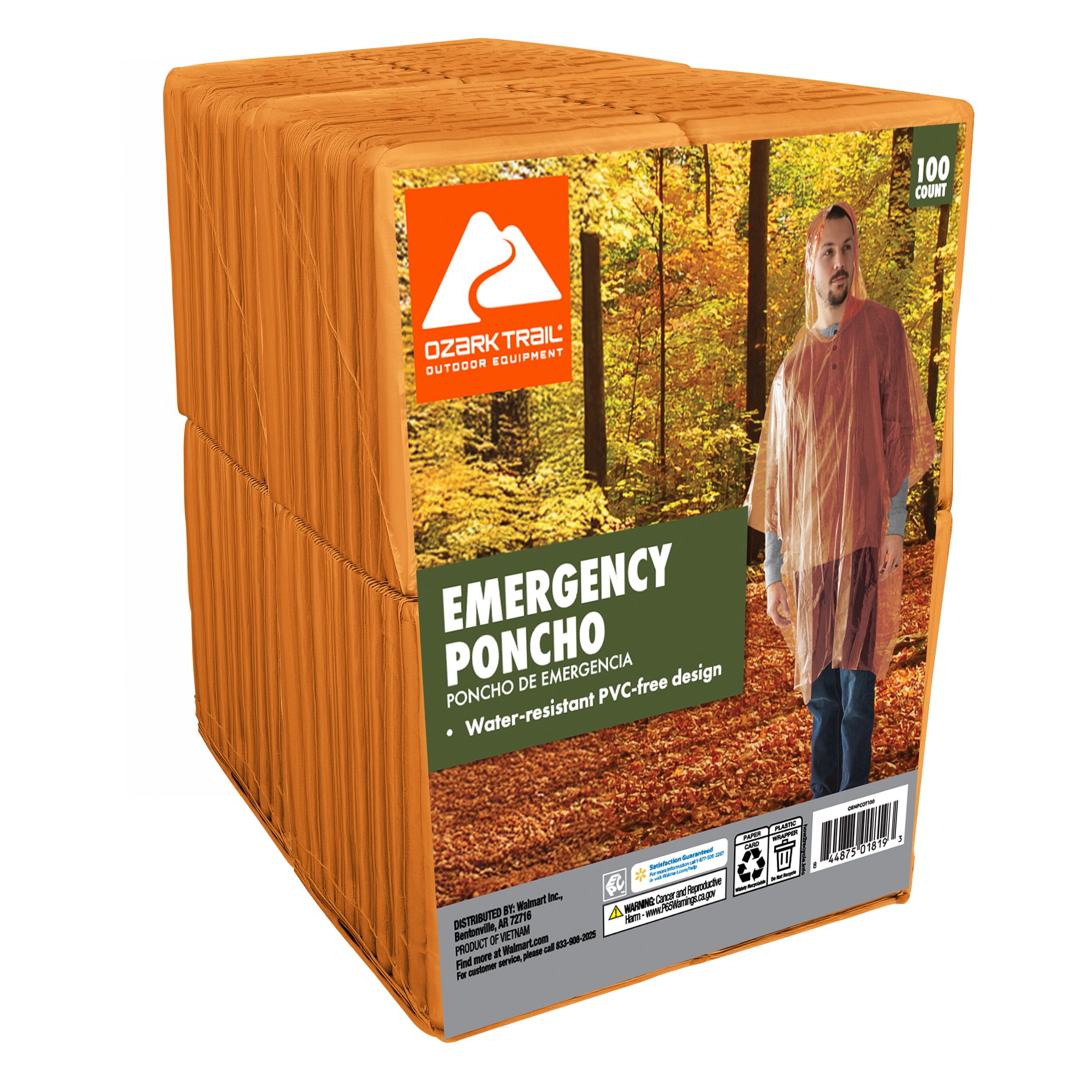 Ozark Trail Orange Emergency Poncho - 100 pack