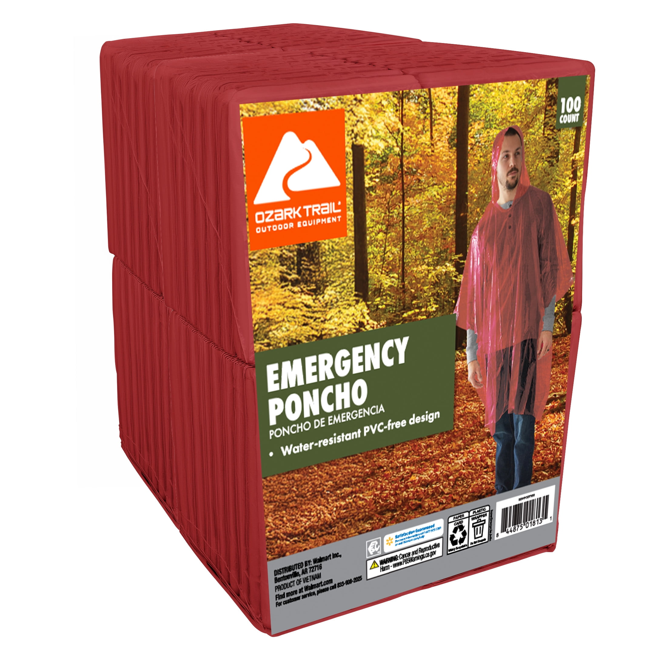 Ozark Trail Red Emergency Poncho - 100 pack