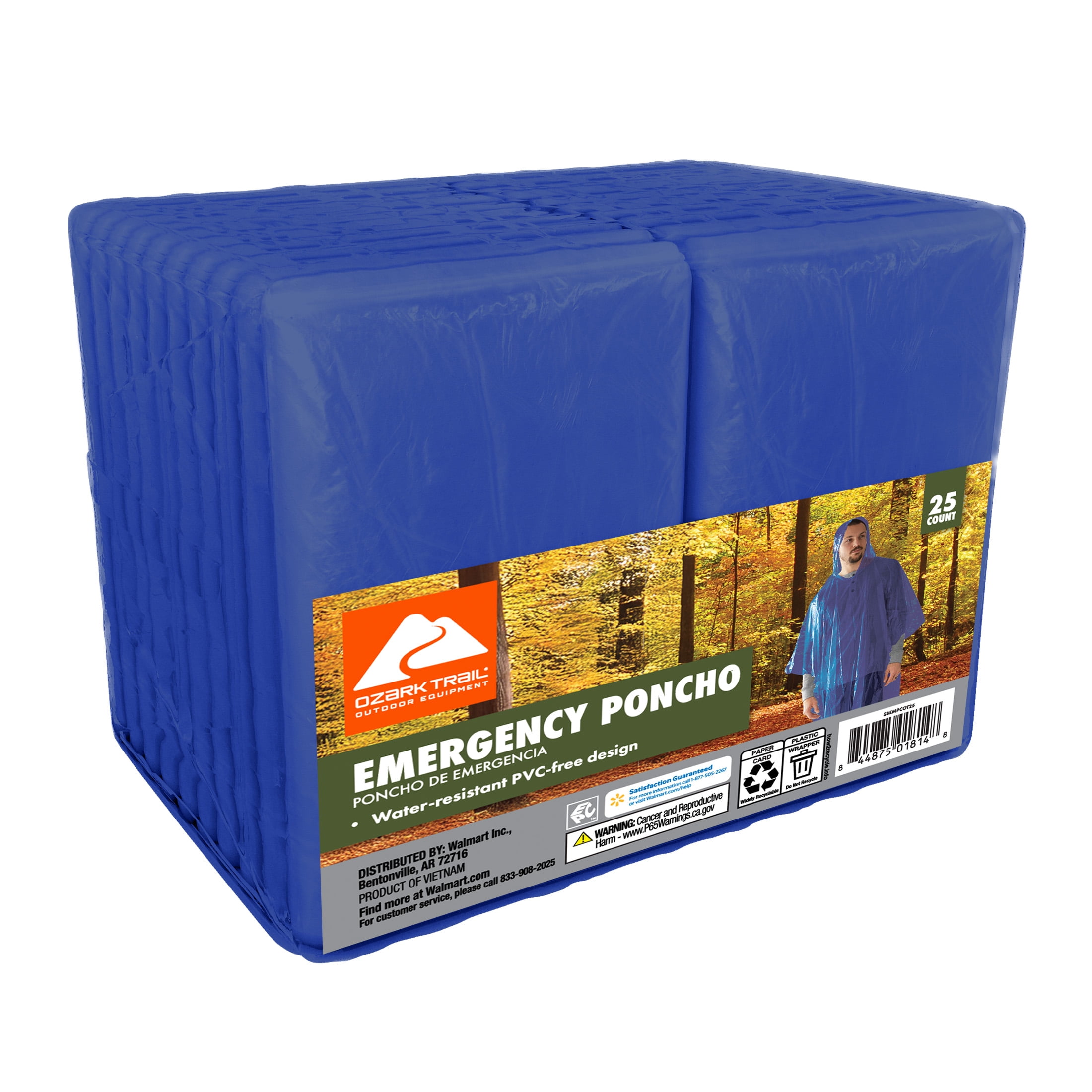 Ozark Trail Emergency Rain Ponchos, Blue, 25 Count